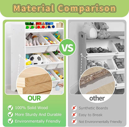 MallBest 4-Tier Kids' Toy Storage Organizer Shelf - 100% Solid Wood,Children's Storage Cabinet with 9 Plastic Bins