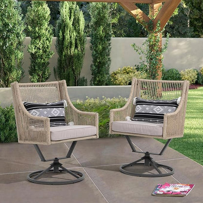 JOIVI Swivel Patio Chairs Set of 2, Outdoor Rattan Dining Chairs with Breathable Cushions, Outdoor Swivel Rattan Chair with Iron Frame for Lawn, Garden, Porch, Backyard, Beige