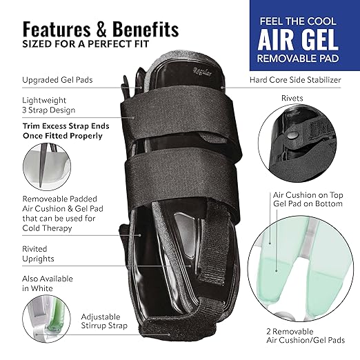 AnklePro Air Cushion Stirrup Ankle Stabilizer Brace - Removable Cold Therapy 3-Strap Rigid Stirrup Ankle Splint w/Gel Pad for Women & Men - Lateral Support for Stability, Black, Small
