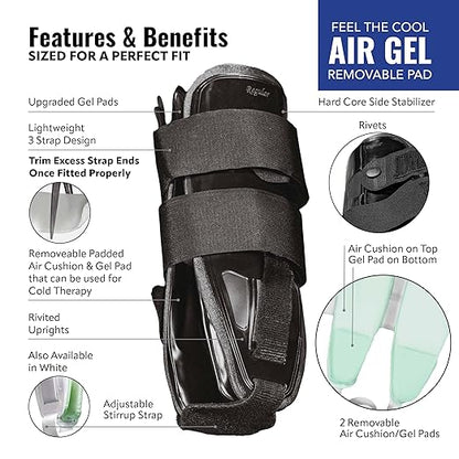 AnklePro Air Cushion Stirrup Ankle Stabilizer Brace - Removable Cold Therapy 3-Strap Rigid Stirrup Ankle Splint w/Gel Pad for Women & Men - Lateral Support for Stability, Black, Small