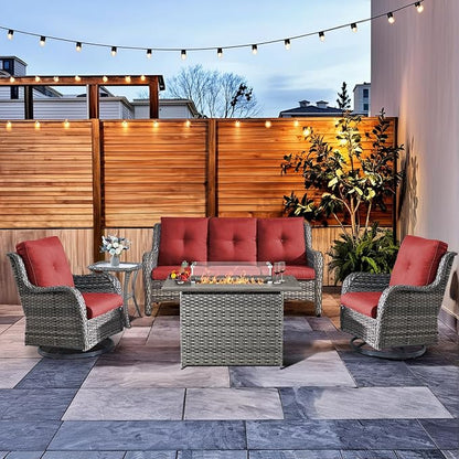 HUMMUH Patio Furniture Set with Fire Pit Table 5-Piece Wicker Outdoor Swivel Rocker Patio Chairs High Back Outdoor Couch Conversation Set for Porch, Backyard, Deck
