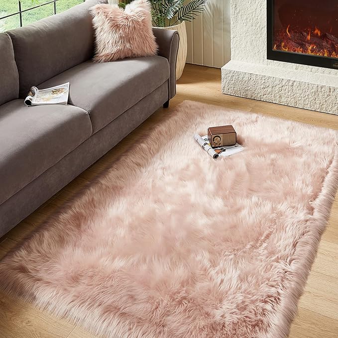 AMTOVO Faux Fur Sheepskin Rug for Living Room, 4 x 6 ft Pink Fluffy Area Rug for Bedroom, Playroom, Luxury Room Decor, Rectangle