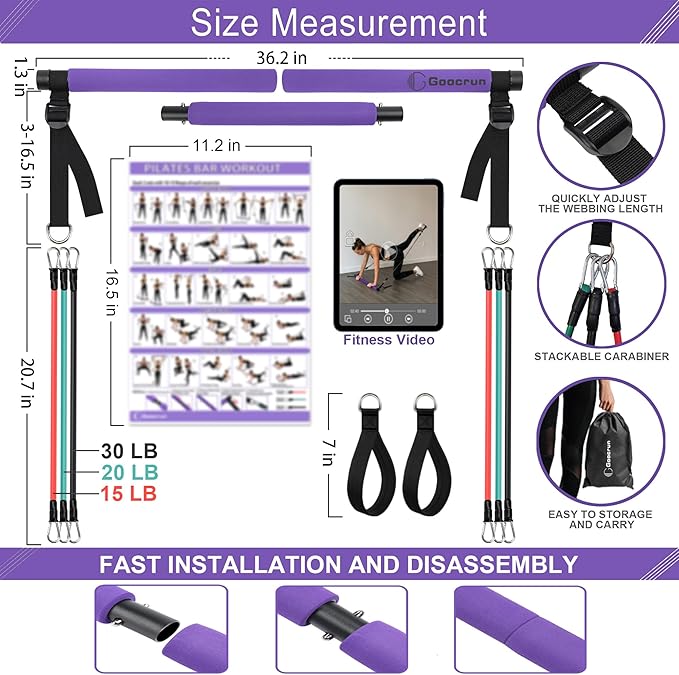 Goocrun Portable Pilates Bar Kit with Resistance Bands for Men and Women - 3 Set Exercise Resistance Bands - Multifunctional Home Gym - Supports Full-Body Workouts – with Fitness Poster and Video