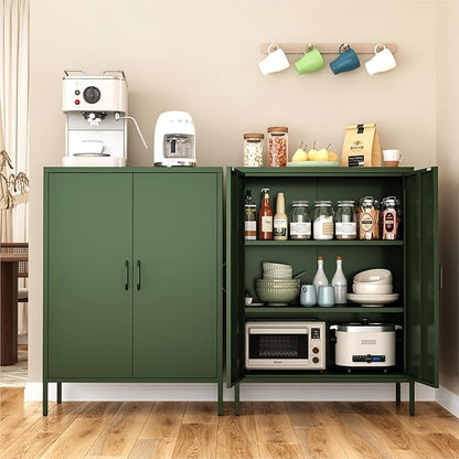 Metal Locker Cabinet, Green Storage Cabinets with 2 Doors and Adjustable Shelves, 3 Tier Modern Storage Freestanding Sideboard for Living Room,School,Office Home Kitchen and Coffee Bar