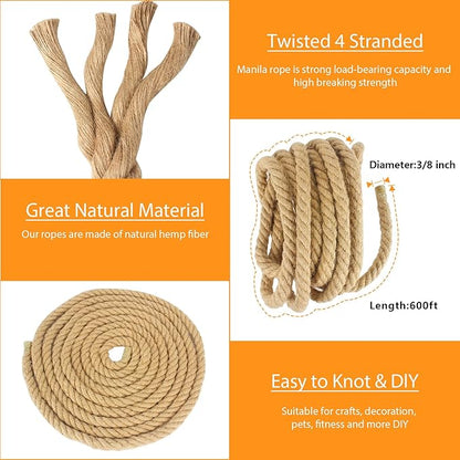 DEDU Hemp Rope 3/8 Inch X 600 FT, Natural Sisal Rope Twine, Twisted 4 Strand Manila Heavy Duty Multipurpose for Cat Scratcher, Docks, DIY Projects.