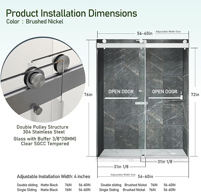 56-60" W x 76" H Shower Door,Frameless Shower Door,Double Sliding Glass Shower Door with 3/8" (10mm) Clear SGCC Tempered Glass, Roller Disc System (Brushed Nickel, 60" Wx76 H-Double Sliding)