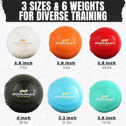 PodiuMax Plyometric Weighted Baseballs 6 Pack, 32 21 14 7 5 & 3.5oz Plyo Balls, Weighted Baseballs for Hitting & Pitching, Softball & Baseball Training