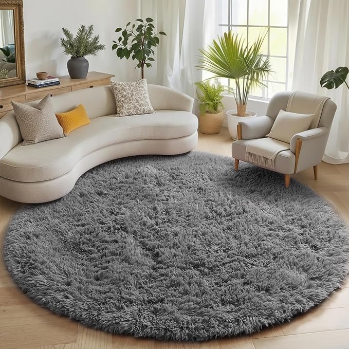 ONASAR Grey Round Area Rugs 6ft, Fluffy Gray Soft Bedroom Circle Rug