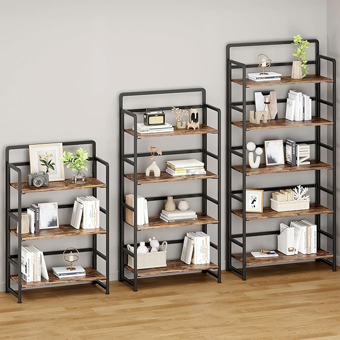 No Assembly Folding Bookshelf, 4 Tiers Collapsible Book Shelf for Home Office, Vintage Wood Foldable Bookcase Storage Organizer for Living Room Bedroom (Rustic Brown)
