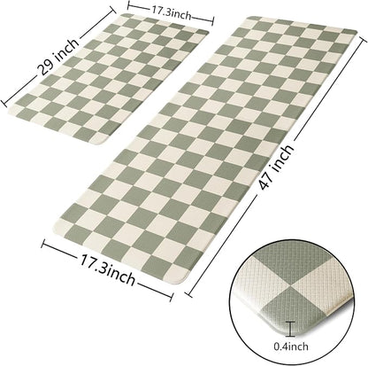 Beige Sage Checkered Grid Checkerboard Kitchen Rug Sets, Anti-Fatigue,