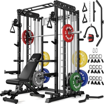JELENS Smith Machine for Home Gym, Multi-Function M12 Power Cage with Cable Crossover System, Squat Rack with Smith Bar and More Attachment