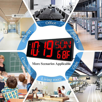 CYMHCHL Large Digital Wall Clock 17.2" Bluetooth Auto Time Sync Led Digital Clock Large Display 11 RGB Colors Auto-Dimming/DST Big Timer with Remote Control for Living Room Classroom Decor Garage Gym