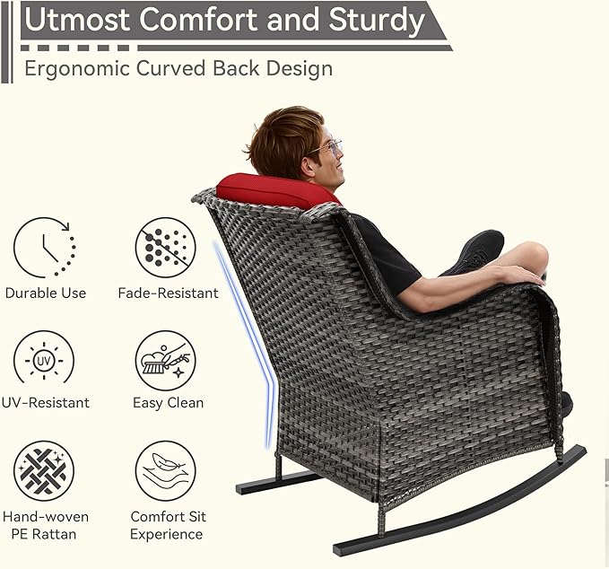 Outdoor Rocking Chair of 2, Wicker Patio Rocker Chair for Yard, Porch, Mixed Brown Grey Rattan, Red Cushions
