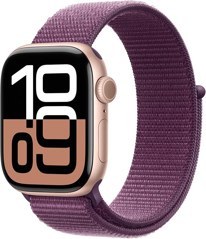Apple Watch Series 10 [GPS 42mm case] Smartwatch with Rose Gold Aluminum Case with Plum Sport Loop. Fitness Tracker, ECG App, Always-On Retina Display, Carbon Neutral