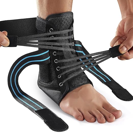 AGPTEK Ankle Brace for Women Men, Adjustable Lace-Up Ankle Support with Removable Splints for Sprained Ankle, Injury Recovery, Ankle Stabilizer Wrap for Basketball Volleyball Sports, Blue, M