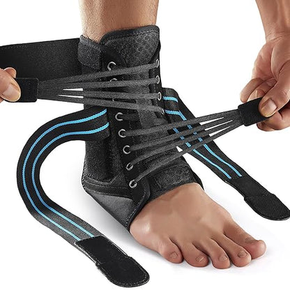 AGPTEK Ankle Brace for Women Men, Adjustable Lace-Up Ankle Support with Removable Splints for Sprained Ankle, Injury Recovery, Ankle Stabilizer Wrap for Basketball Volleyball Sports, Blue, M