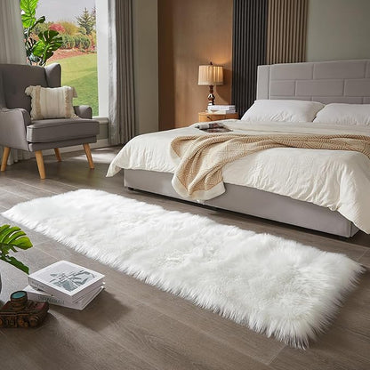 AMTOVO Faux Fur Rug, White Ultra Soft Fluffy Shag Sheepskin Rug, 2 x 6 ft Runner Area Rugs for Bedroom Sofa Throw Cushion Room Decor, Rectangle