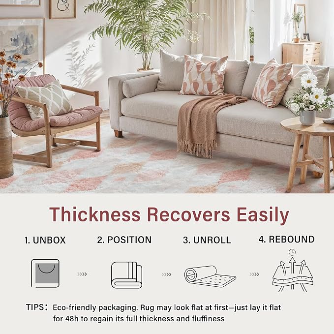PureCozy Checkered Rug 6x9 Fluffy Shag Living Room Pink Area Rug Modern