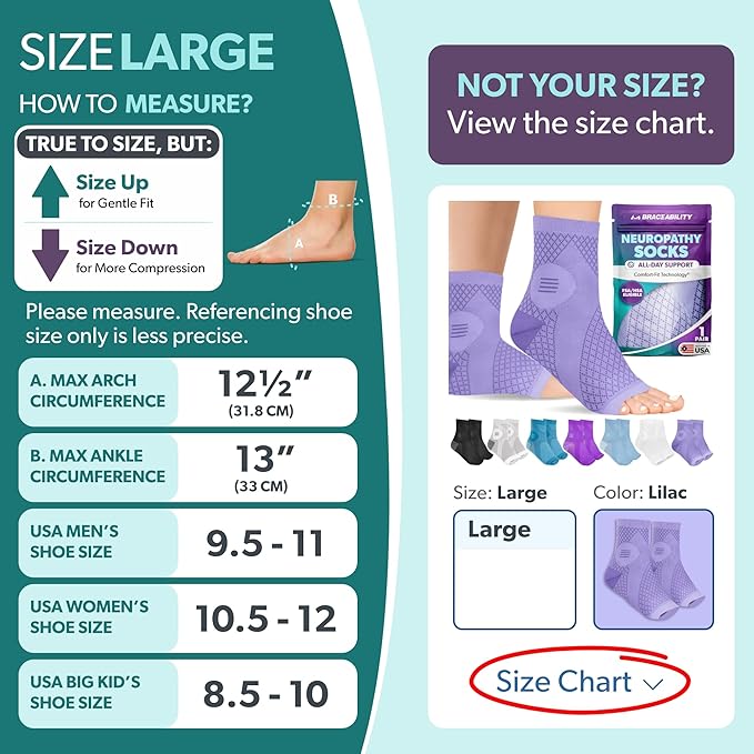 BraceAbility Neuropathy Socks (Pair) - Peripheral Neuritis Compression Diabetic Toeless Foot Sleeves for Nerve Damage Pain in Feet, Ankle Gout, Plantar Fasciitis Relief Brace for Men and Women (Lilac - Standard - 1 Pair, Large)