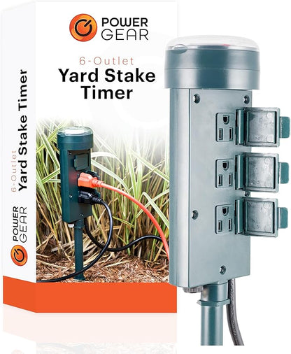 PowerGear Outdoor 6 Outlet Mechanical Stake Timer, Easy-to-Set Dial, 30-Minute Interval Pushpins, 19.7 Inch Cord with Weather-Resistant Covers, 64759