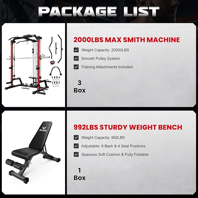JELENS SR01 Smith Machine, 2000LBS Multi-Function Power Cage with LAT Pulldown System, All-in-One Home Gym Squat Rack with Smith Bar and Training Attachments for Full Body Workouts