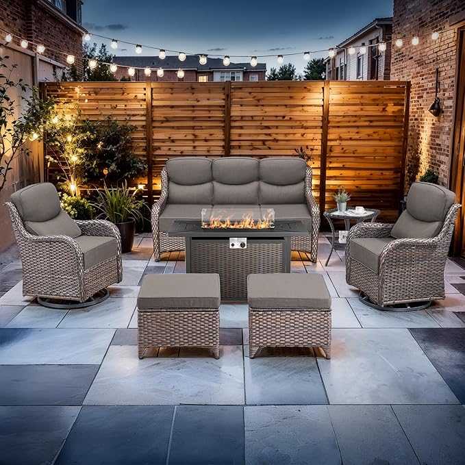 Luxury High Back Outdoor Furniture with 6-inch Extra Thick Cushions, Patio Furniture Set with Fire Pit Table & Swivel Chairs, 7 PCS Wicker Conversation Set for Yard, Deck, Poolside, Brown/Grey