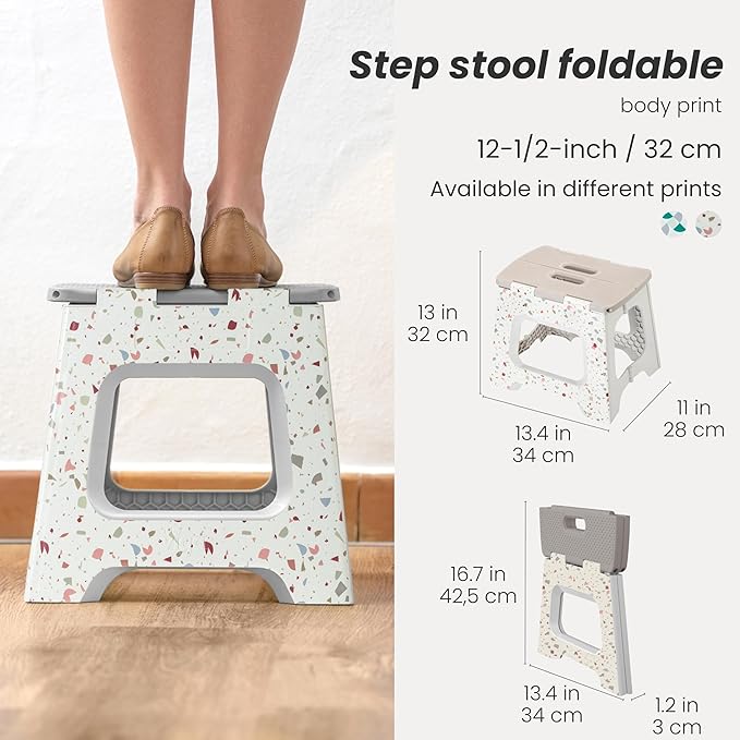 Vigar Compact Step Stool Foldable, 12-1/2-inch Step Stools for Adults up to 330 Pound, Lightweight Stool, Non-Slip Folding Step Stool, Grey Terrazo Pattern