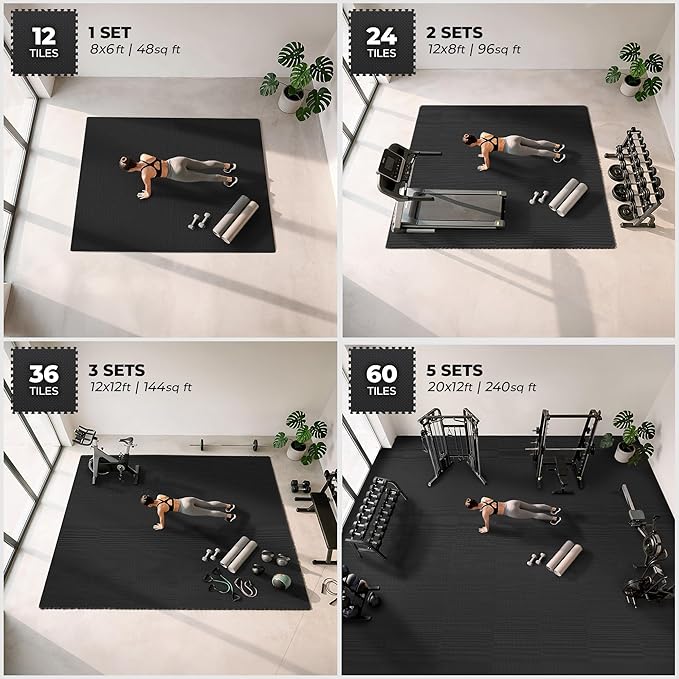 bemaxx Gym Mats Set - 12 pcs EVA Interlocking Foam Floor Tiles (24.4"x24.4"x0.4") 48 sqft Protective Gym Flooring Sports Home Workout Exercise Mats Puzzle Garage Fitness Play-Room Pool Treadmill Bike