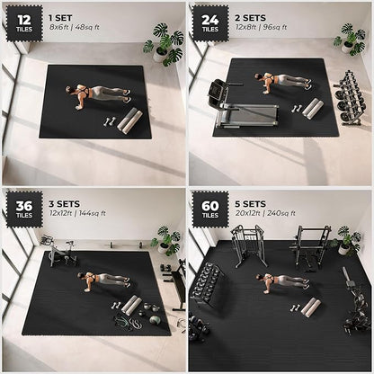 bemaxx Gym Mats Set - 12 pcs EVA Interlocking Foam Floor Tiles (24.4"x24.4"x0.4") 48 sqft Protective Gym Flooring Sports Home Workout Exercise Mats Puzzle Garage Fitness Play-Room Pool Treadmill Bike