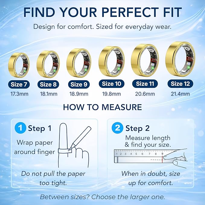 Smart Ring Health & Fitness Tracker for Men & Women – Sleep, Heart Rate, SpO₂, HRV & Stress Tracking – BP & Women Health Support, 180+ Sport Modes, IP68 Waterproof, No Subscription Fee (Gold, 11)