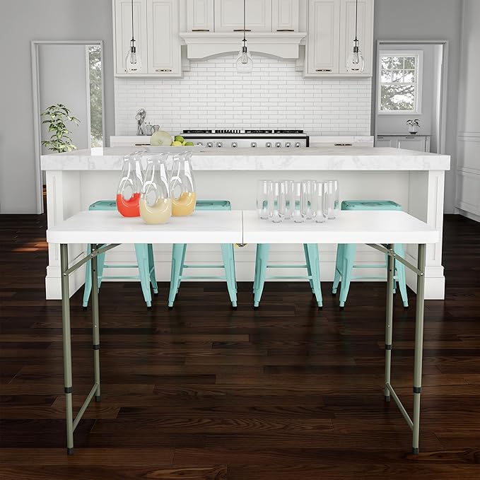 Adjustable Folding Table - Portable 4-Foot Plastic Utility Tabletop with 2 Height Settings - Indoor and Outdoor Seating by Lavish Home (White)