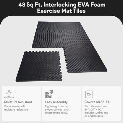 BalanceFrom Puzzle Exercise Mat 1/2' Thick, EVA Interlocking Foam Floor Tiles for Home Gym, Mat for Home Workout Equipment, Floor Padding for Kids, Black, 24 in x 24 in x 1/2 in, 48 Sq Ft - 12 Tiles