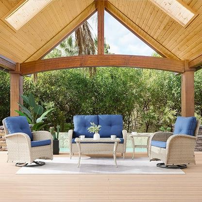 HUMMUH 5-Piece Patio Furniture Wicker Outdoor Conversation Set,All-Weather Rattan Swivel Chairs Bistro Set with Loveseat Coffee Table for Backyard,Poolside,Deck(Grey/Blue)