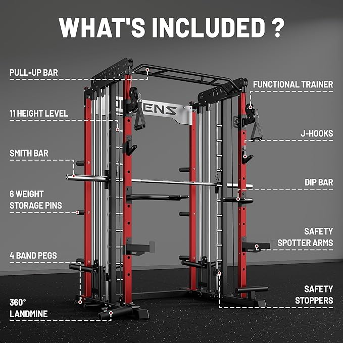 JELENS Smith Machine for Home Gym, Multi-Function M12 Power Cage with Cable Crossover System, Squat Rack with Smith Bar and More Attachment