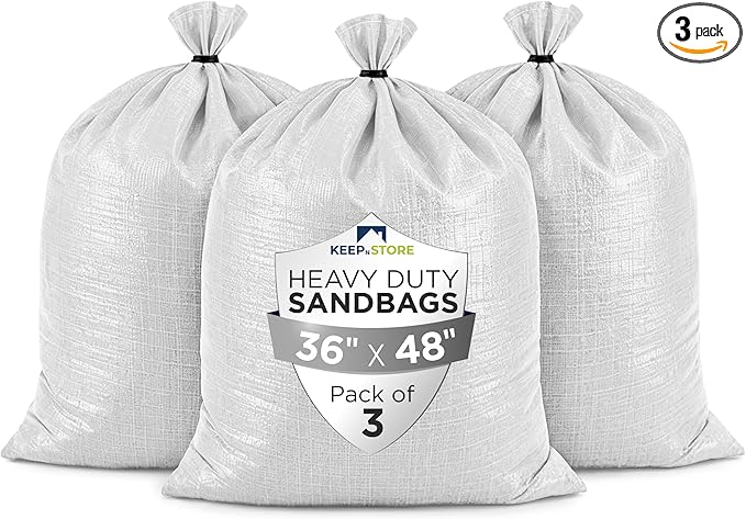 Heavy Duty Sand Bags Pack of 3, White Empty Sandbags with Built-In Ties, Woven Polypropylene UV Protection 1600 Hours, Fillable Bags for Flood Control, Weight, 36x48 inches, 175 Pounds Volume