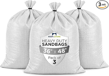 Heavy Duty Sand Bags Pack of 3, White Empty Sandbags with Built-In Ties, Woven Polypropylene UV Protection 1600 Hours, Fillable Bags for Flood Control, Weight, 36x48 inches, 175 Pounds Volume