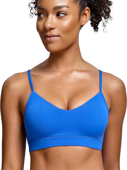Oalka V Neck Sports Bra for Women Adjustable Padded Thin Straps Wireless Yoga Bras