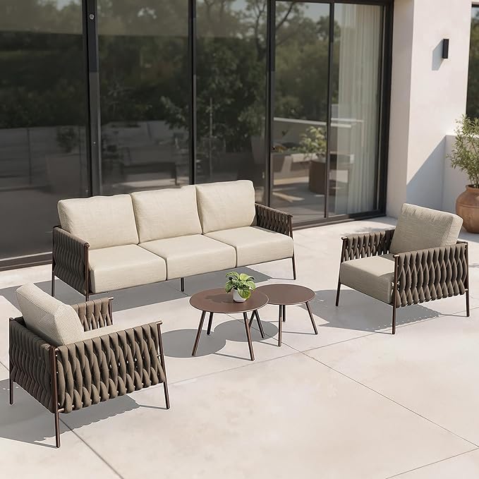 EAST OAK 5-Piece Patio Furniture Set | Life Chatter 5-Seat Outdoor Furniture | Deep Seating & Two Coffee Tables | Waterproof Extra-Thick Cushions | Porch, Balcony & Backyard | Chestnut & Apricot