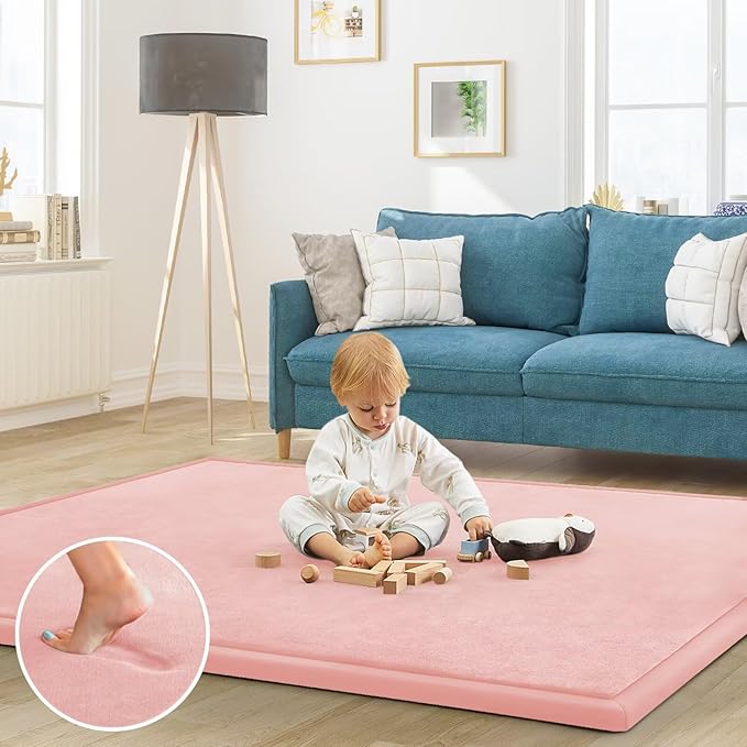 Baby Play Mat for Floor Nursery Rug Muscle Mat Area Rug Playroom Rug 71"x79" Playpen Mat Memory Foam 1.3" Thick Crawling Mat for Babies,Toddlers, Infants, Kids,Light Pink