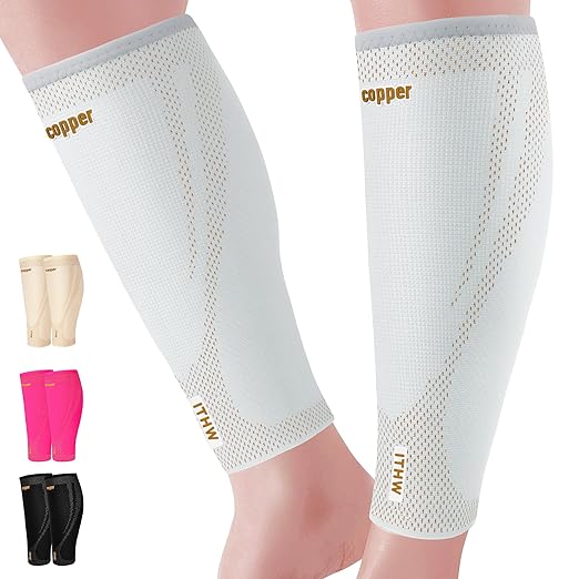 Copper Calf Compression Sleeves for Men & Women - High Stretch Graduated Compression with Anti-Slip Grip | Breathable & Smooth Lining Footless Design for Runners, Shin Splints, Leg Fatigue & Travel (Light Gray, Small)