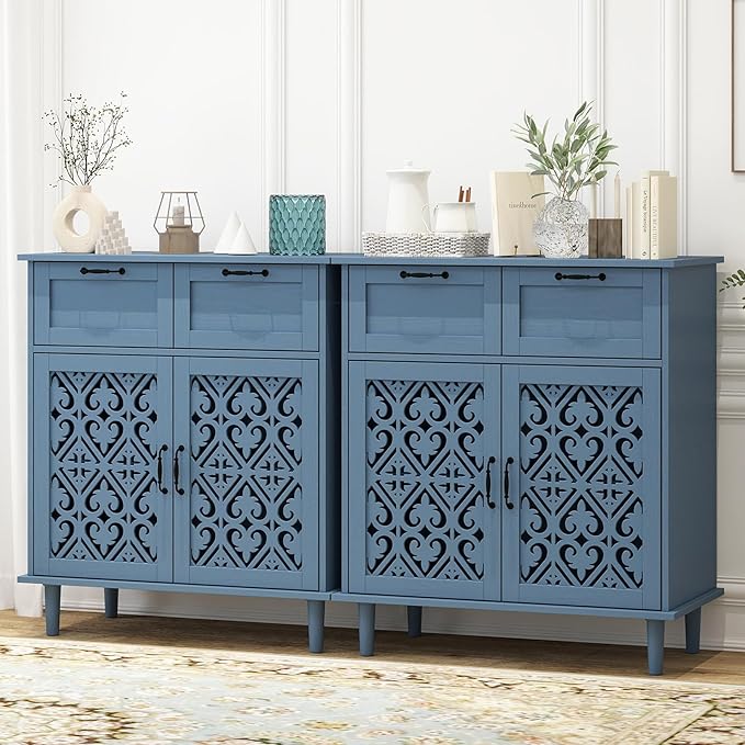 Kitchen Storage Cabinet with Drawers - Accent Cabinet with Carved Door, Floor Sideboard Buffet with Storage, Small Wood Credenza for Living Room, Dining Room, Entryway, Blue