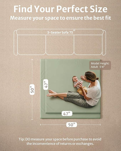 Blissful Diary Vegan Leather Baby Play Mat, 47x47 Thicken Foam Cushioned & Waterproof Playpen Mat for Infants and Toddlers, Stylish and Just Wipe-Clean Playmat for Baby Play on Floor, Light Green