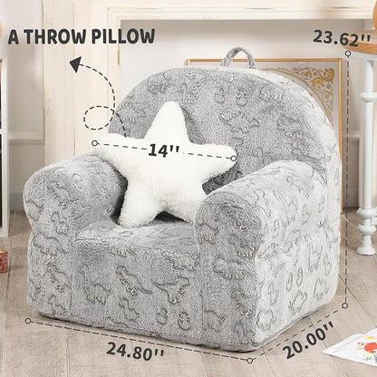 Dinosaur Glow in The Dark Kids Sofa with Star Throw Pillow, High Back Toddler Chair Glow in The Dark for Boys and Girls, Grey