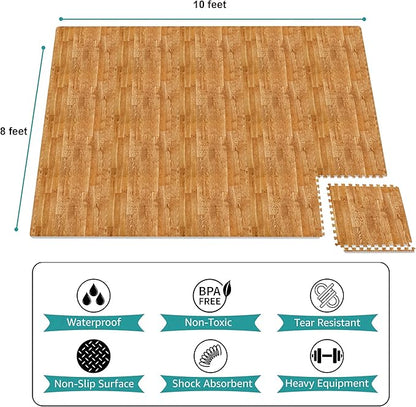 Sorbus 80 Sq. Ft. Wood Grain Floor Tiles Foam Mat EVA Interlocking Mats Tile 3/8-Inch Thick Flooring Wood Puzzle Exercise Mats w/Borders - Home Playroom Basement, Apartment, Trade Show, Baby, Dance
