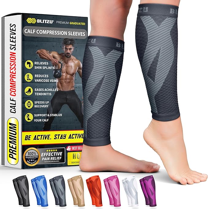 BLITZU Calf Compression Sleeve for Men & Women Footless Compression Socks Support Runners Leg Sleeve Shin Splints Pain Relief