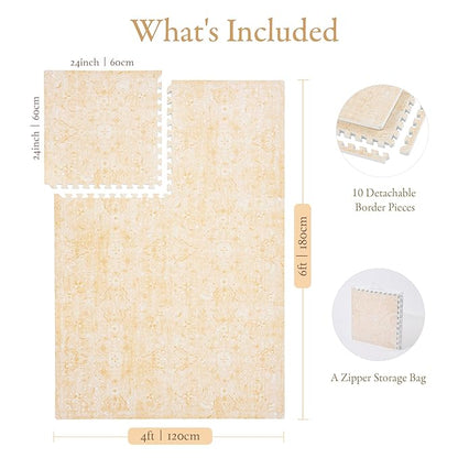 PopsyKosy Premium Baby Floor Play Mat - Thick & Cushioned 0.5 inch Playroom Foam Mat, Non-Toxic Odorless - 6 Tiles - Spacious 6x4 ft. - Stylish & Large, Waterproof for Kids & Toddlers - Light Apricot