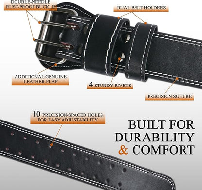 7mm Genuine Leather Weightlifting Belt, 4”& 6”Width, Double Prong Power Belt for Gym Bodybuilding, weightlifting, powerlifting, squats and deadlifts