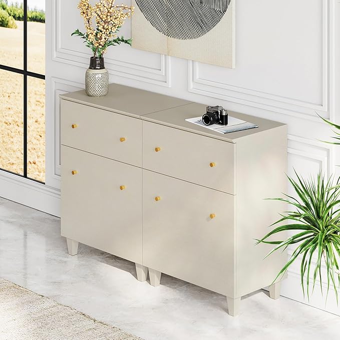 WAMPAT Storage Cabinets with Drawers and Doors, 2-in-1 Living Room Beige Wood Side Cabinets Floor Storage Organizer with Adjustable Shelf for Dining Room, Kitchen, Entryway, Hallway, 47.2x15.3x32.4