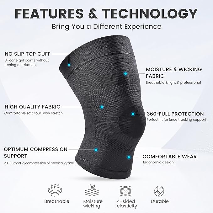 Knee Compression Sleeves, 1 Pair, Can Be Worn Under Pants, 20-30mmHg Strong Support Knee Brace for Unisex, Knee Support for Meniscus Tear, Arthritis, Pain Relief, Injury Recovery, Daily Wear, Black M
