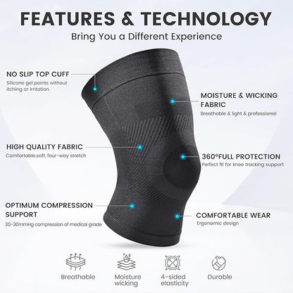 Knee Compression Sleeves, 1 Pair, Can Be Worn Under Pants, 20-30mmHg Strong Support Knee Brace for Unisex, Knee Support for Meniscus Tear, Arthritis, Pain Relief, Injury Recovery, Daily Wear, Black M